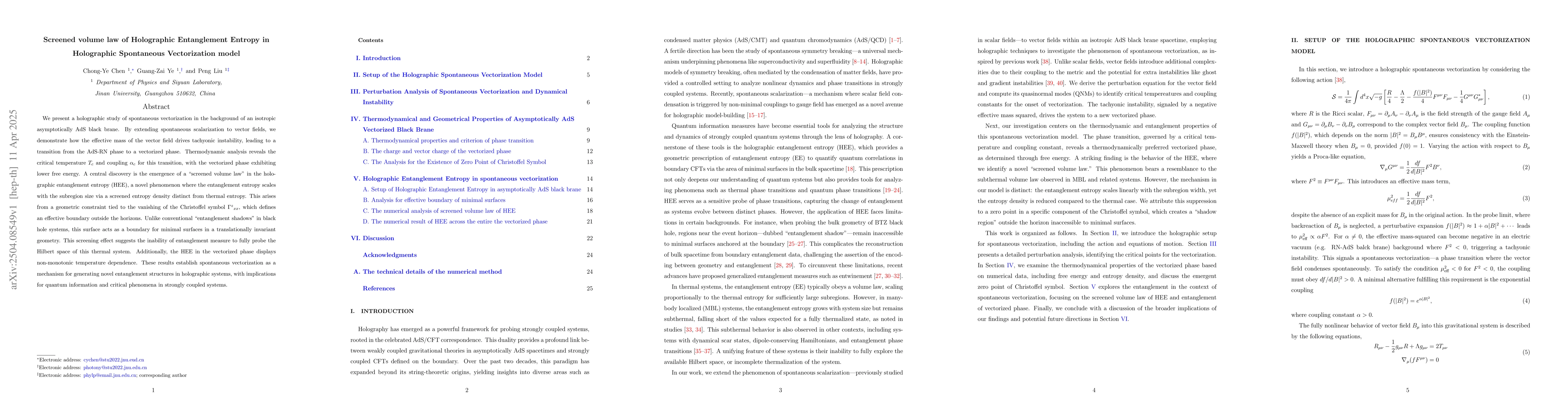 Thumbnail for Screened volume law of Holographic Entanglement Entropy in Holographic
  Spontaneous Vectorization model