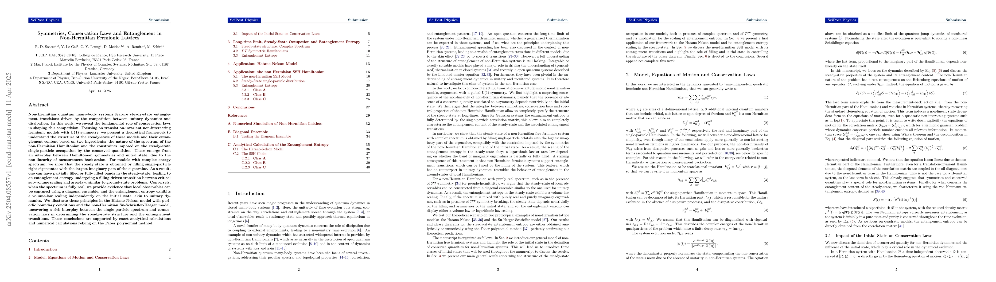 Thumbnail for Symmetries, Conservation Laws and Entanglement in Non-Hermitian
  Fermionic Lattices