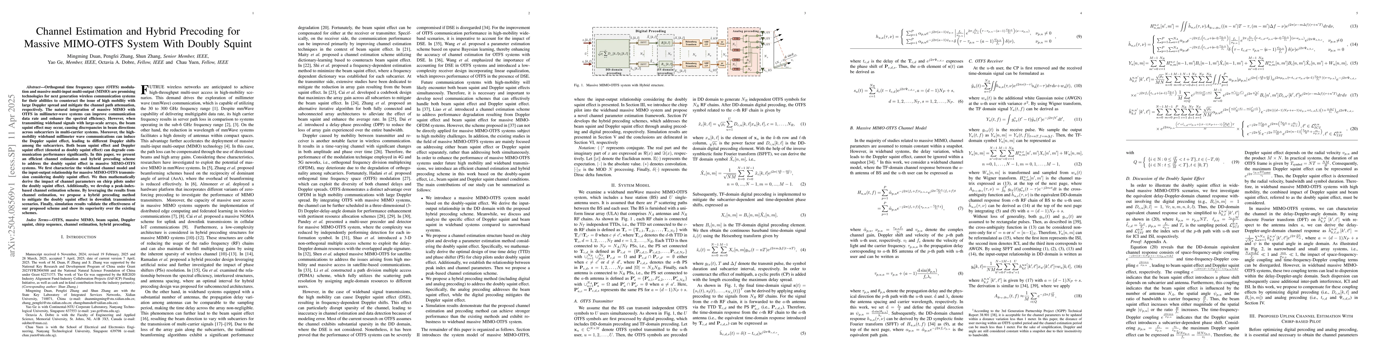 Thumbnail for Channel Estimation and Hybrid Precoding for Massive MIMO-OTFS System
  With Doubly Squint