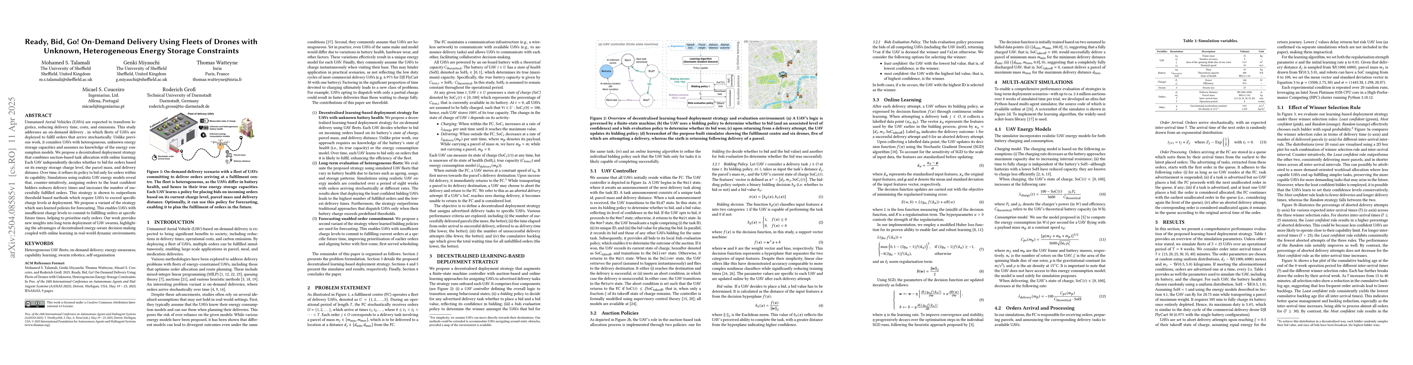 Thumbnail for Ready, Bid, Go! On-Demand Delivery Using Fleets of Drones with Unknown,
  Heterogeneous Energy Storage Constraints