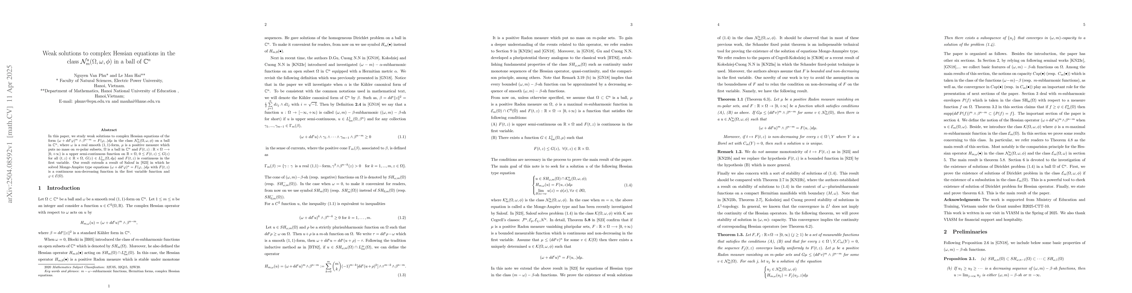 Thumbnail for Weak solutions to complex Hessian equations in the class
  $\mathcal{N}^a_m(Ω,ω,φ)$ in a ball of $\mathbb{C}^n$