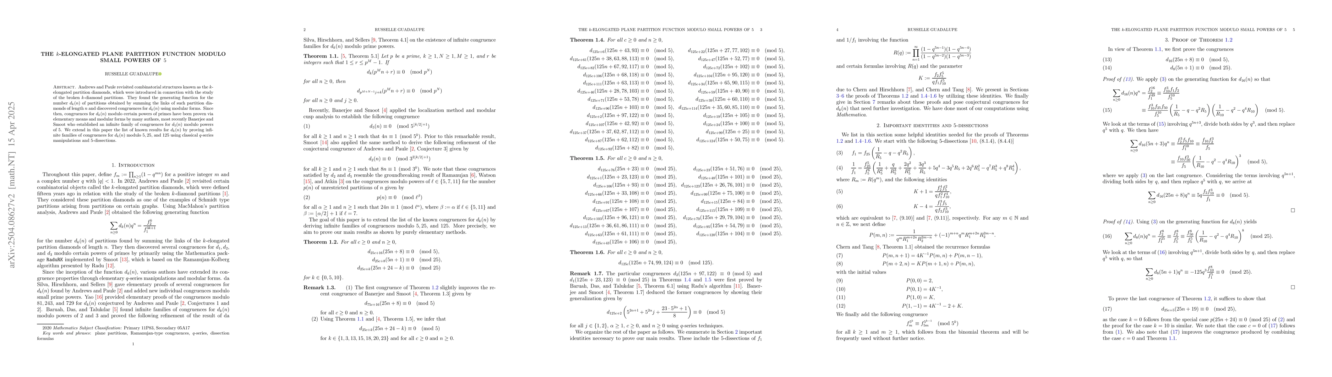 Thumbnail for The $k$-elongated plane partition function modulo small powers of $5$