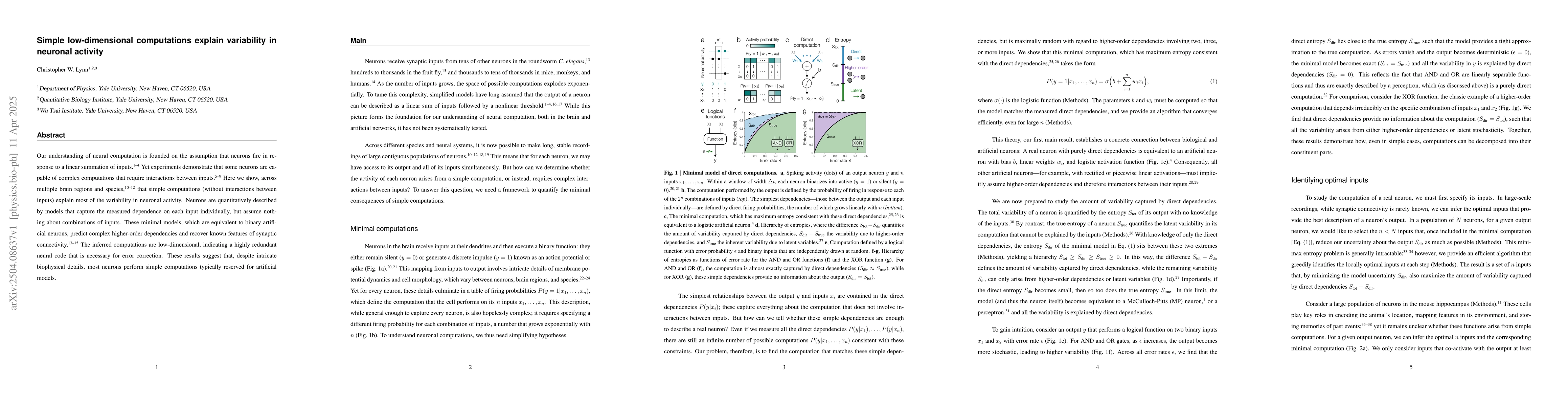 Thumbnail for Simple low-dimensional computations explain variability in neuronal
  activity