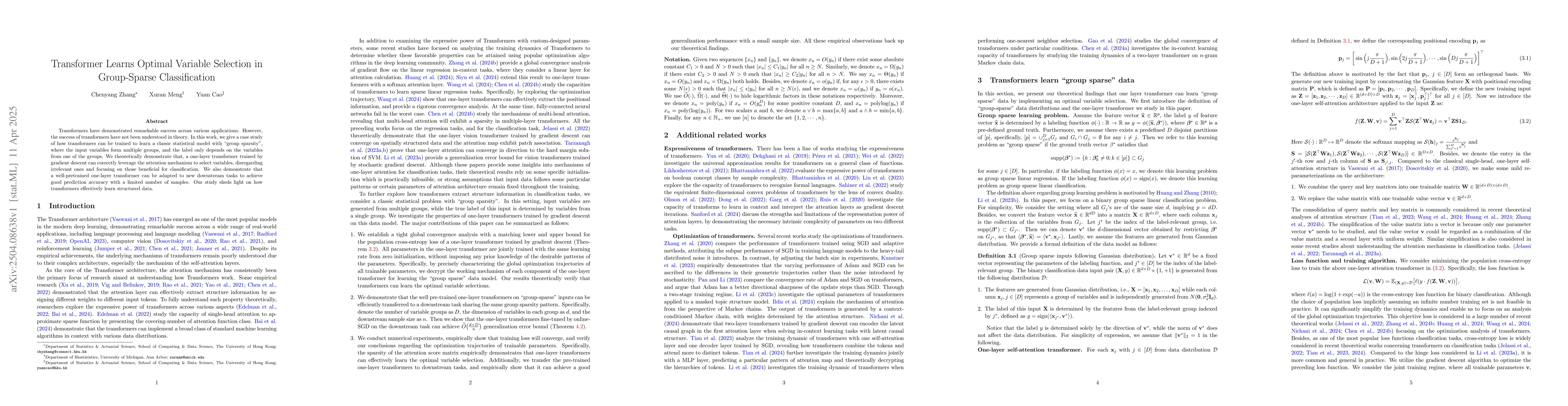 Thumbnail for Transformer Learns Optimal Variable Selection in Group-Sparse
  Classification