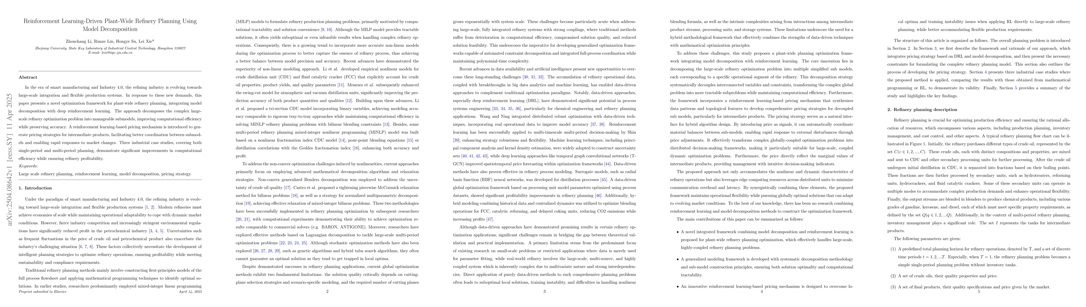 Thumbnail for Reinforcement Learning-Driven Plant-Wide Refinery Planning Using Model
  Decomposition
