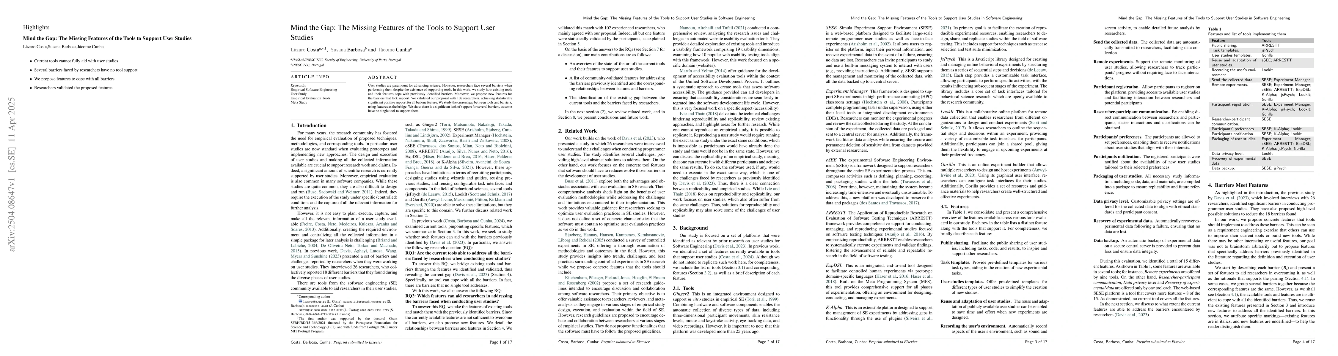 Thumbnail for Mind the Gap: The Missing Features of the Tools to Support User Studies
  in Software Engineering