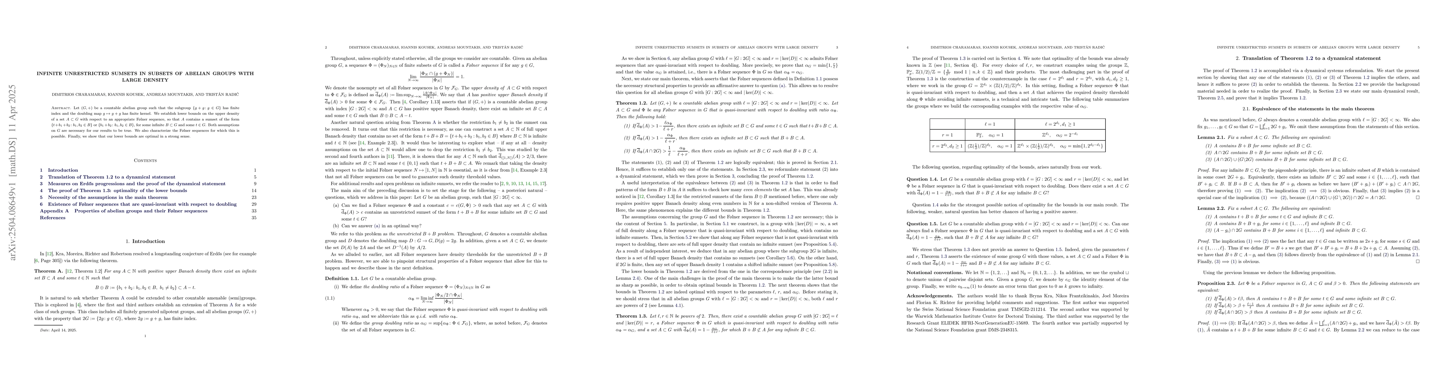 Thumbnail for Infinite unrestricted sumsets in subsets of abelian groups with large
  density