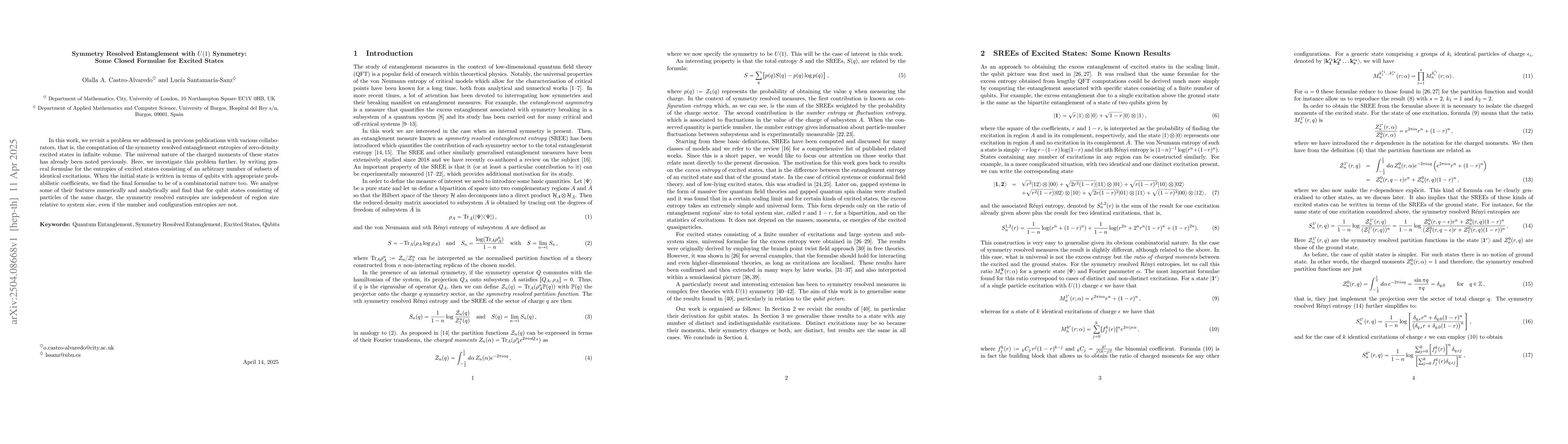 Thumbnail for Symmetry Resolved Entanglement with $U(1)$ Symmetry: Some Closed
  Formulae for Excited States