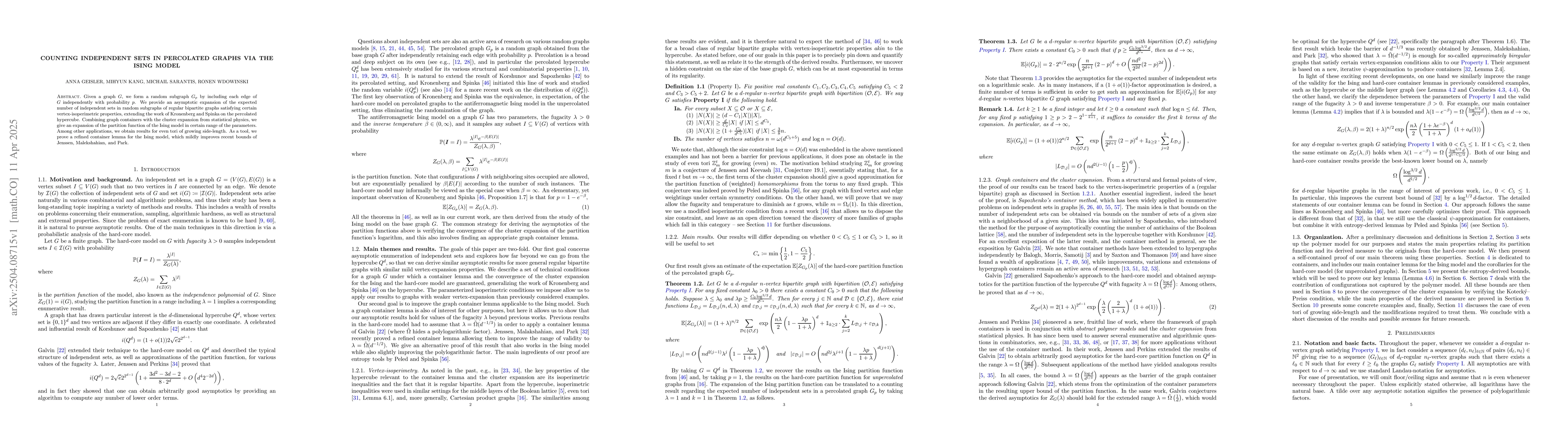 Thumbnail for Counting independent sets in percolated graphs via the Ising model