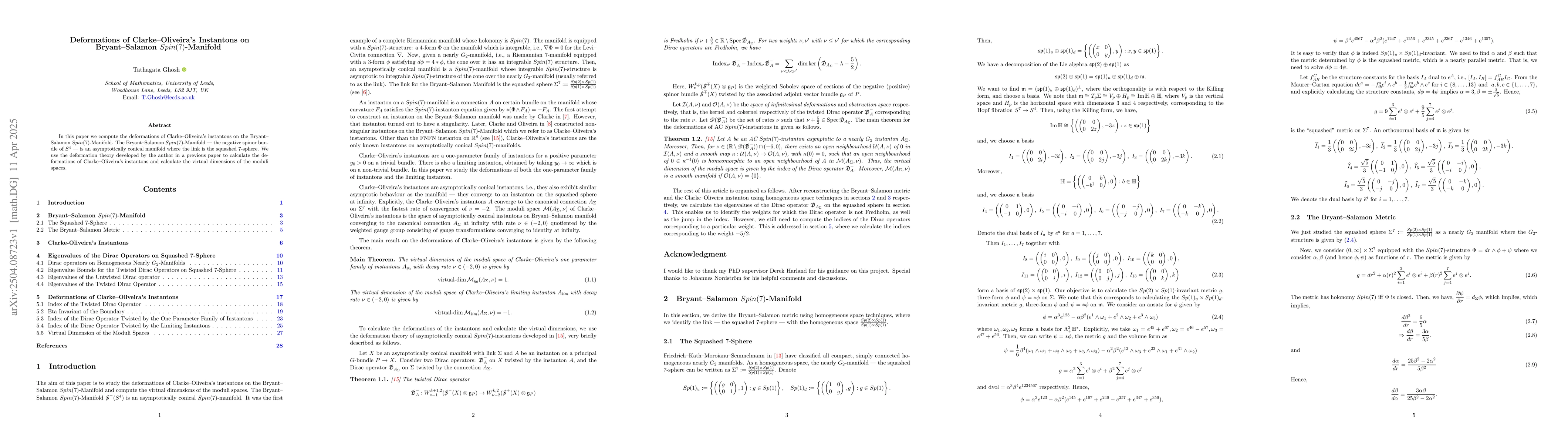 Thumbnail for Deformations of Clarke-Oliveira's Instantons on Bryant-Salamon
  $Spin(7)$-Manifold