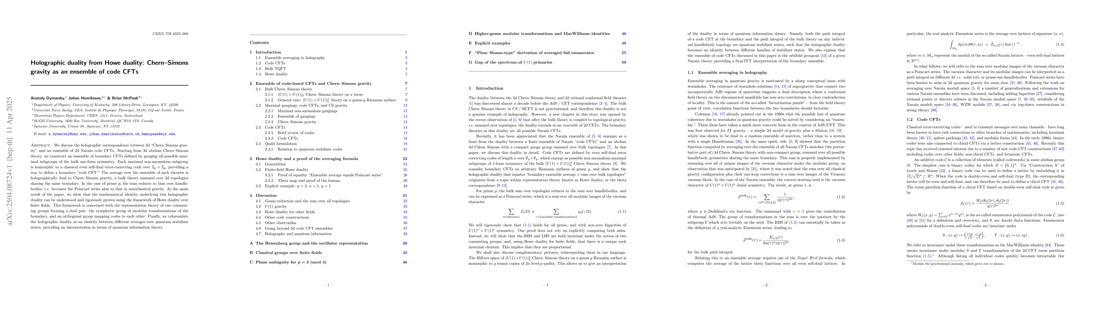 Thumbnail for Holographic duality from Howe duality: Chern-Simons gravity as an
  ensemble of code CFTs