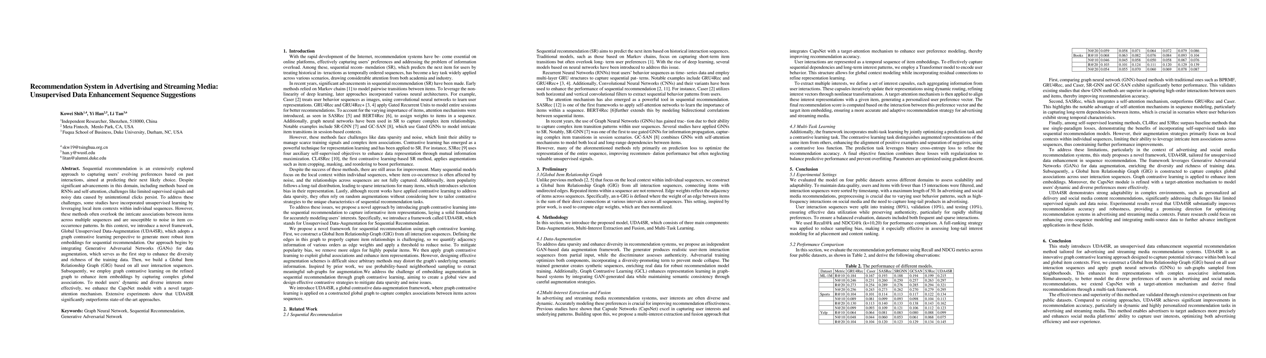 Thumbnail for Recommendation System in Advertising and Streaming Media: Unsupervised
  Data Enhancement Sequence Suggestions