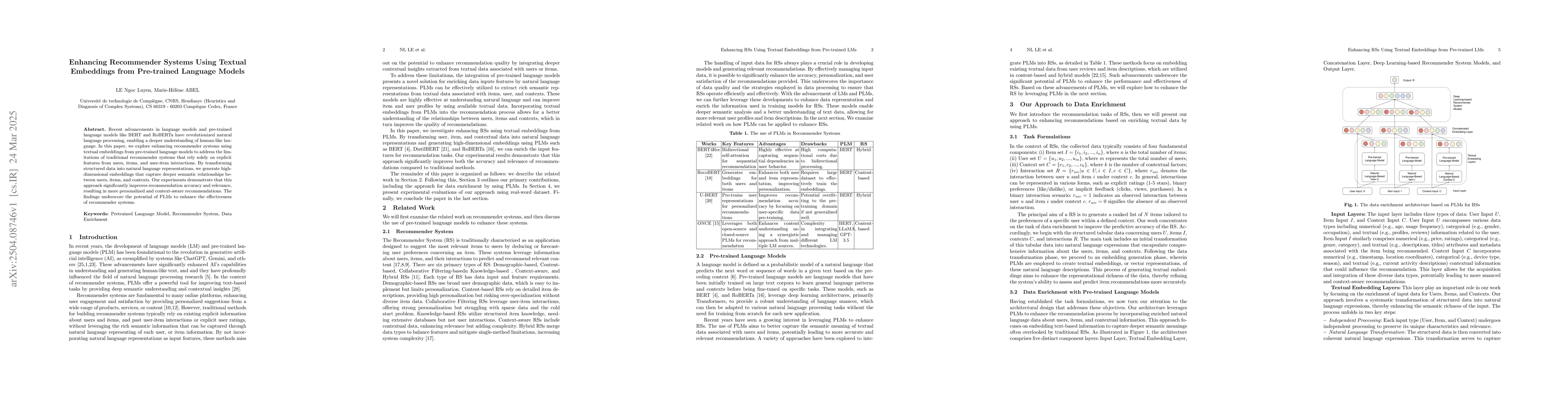 Thumbnail for Enhancing Recommender Systems Using Textual Embeddings from Pre-trained
  Language Models