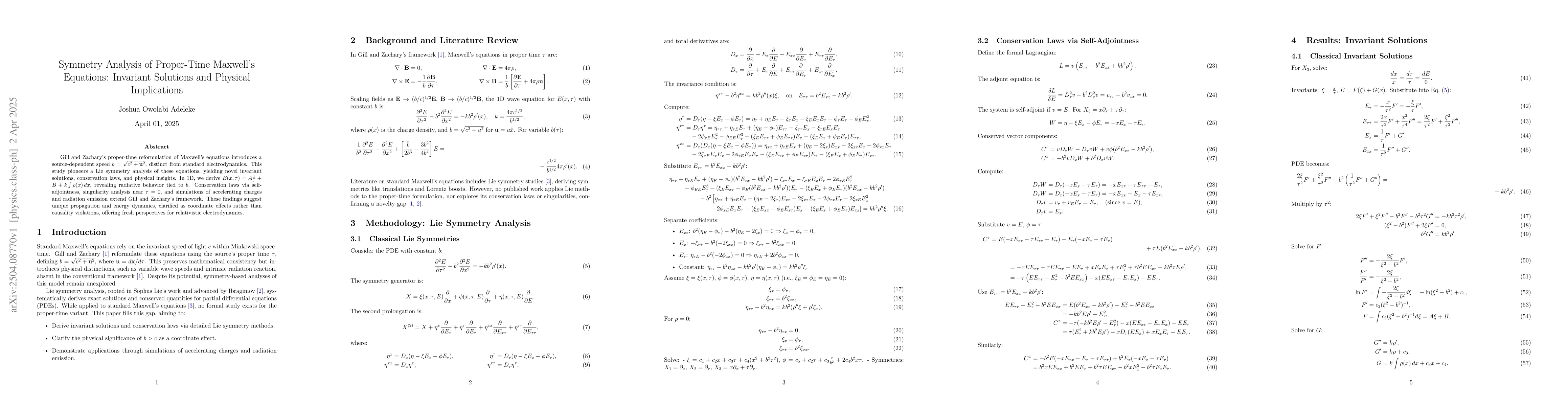 Thumbnail for Symmetry Analysis of Proper-Time Maxwell's Equations: Invariant
  Solutions and Physical Implications