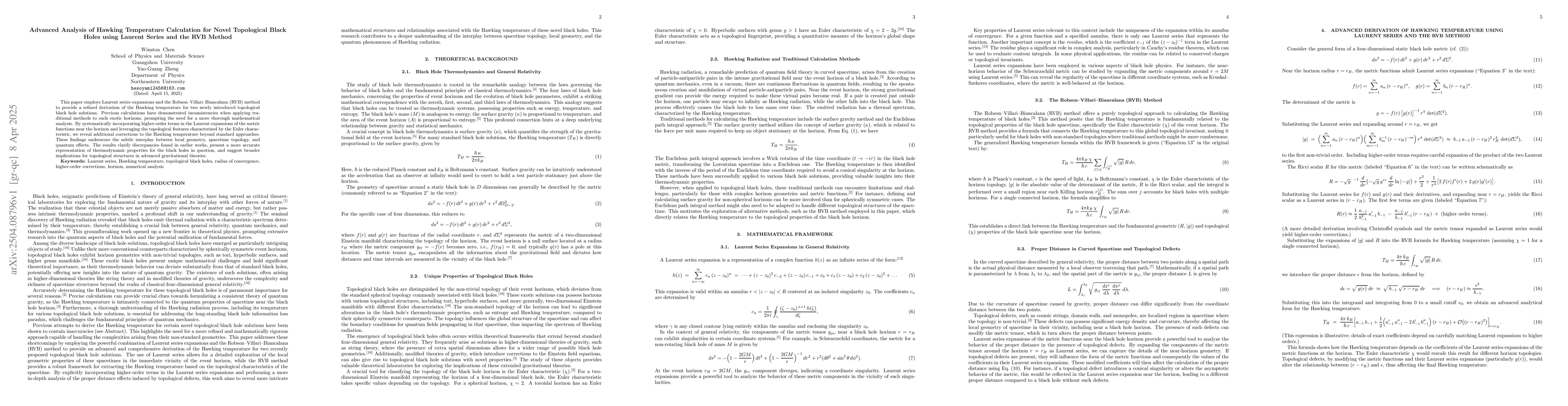 Thumbnail for Advanced Analysis of Hawking Temperature Calculation for Novel
  Topological Black Holes using Laurent Series and the RVB Method