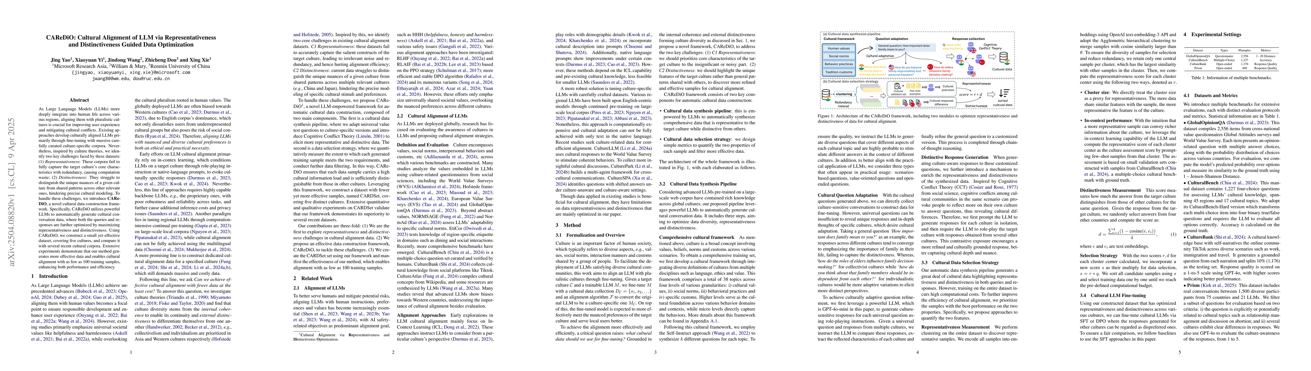 Thumbnail for CAReDiO: Cultural Alignment of LLM via Representativeness and
  Distinctiveness Guided Data Optimization