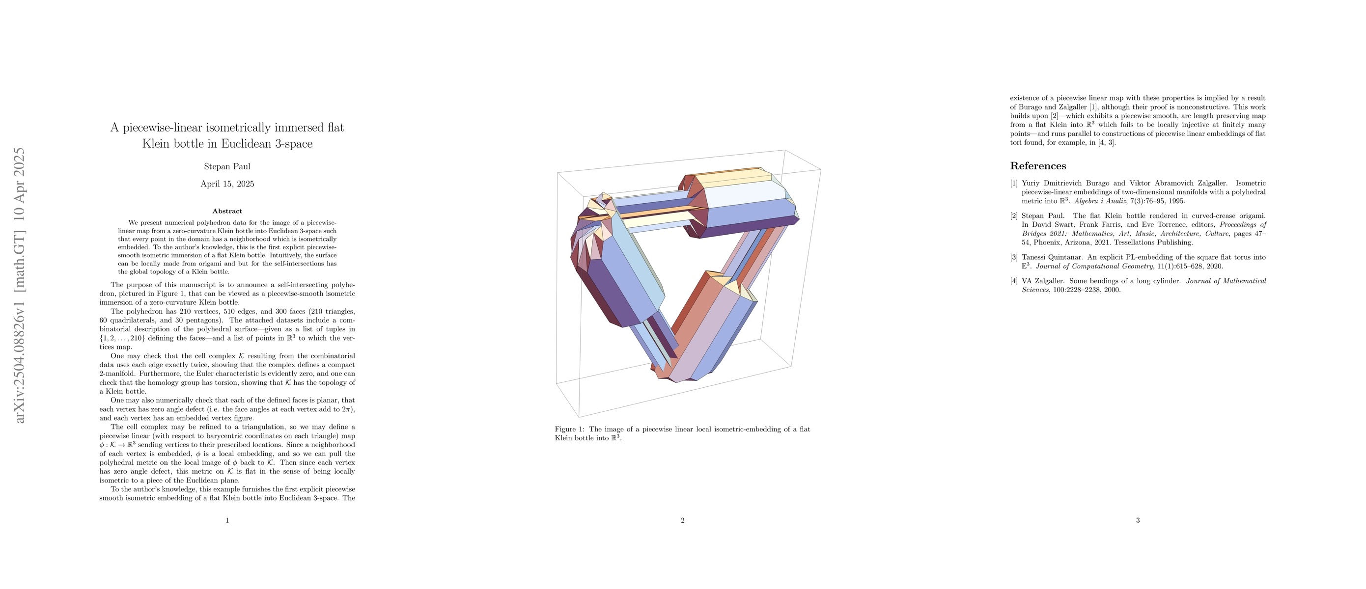 Thumbnail for A piecewise-linear isometrically immersed flat Klein bottle in Euclidean
  3-space