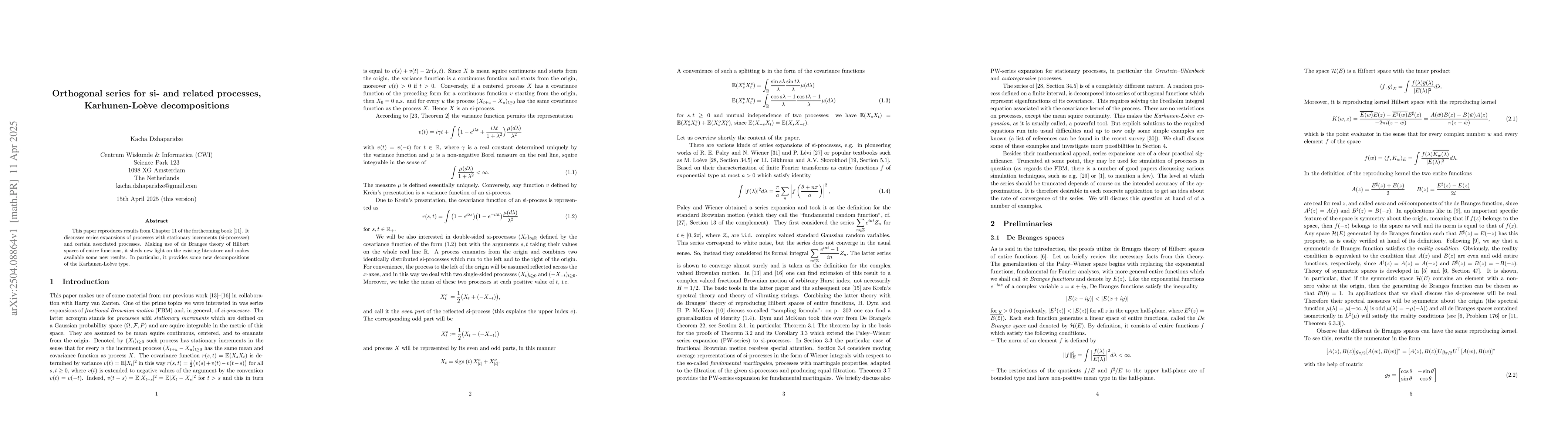 Thumbnail for Orthogonal series for si- and related processes, Karhunen-Loève
  decompositions