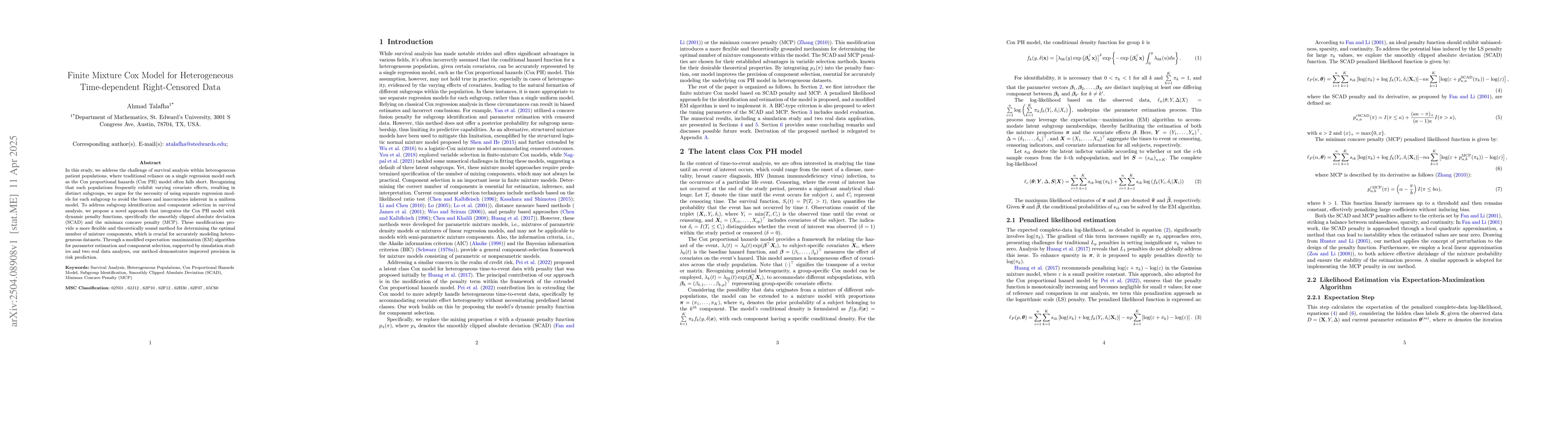 Thumbnail for Finite Mixture Cox Model for Heterogeneous Time-dependent Right-Censored
  Data