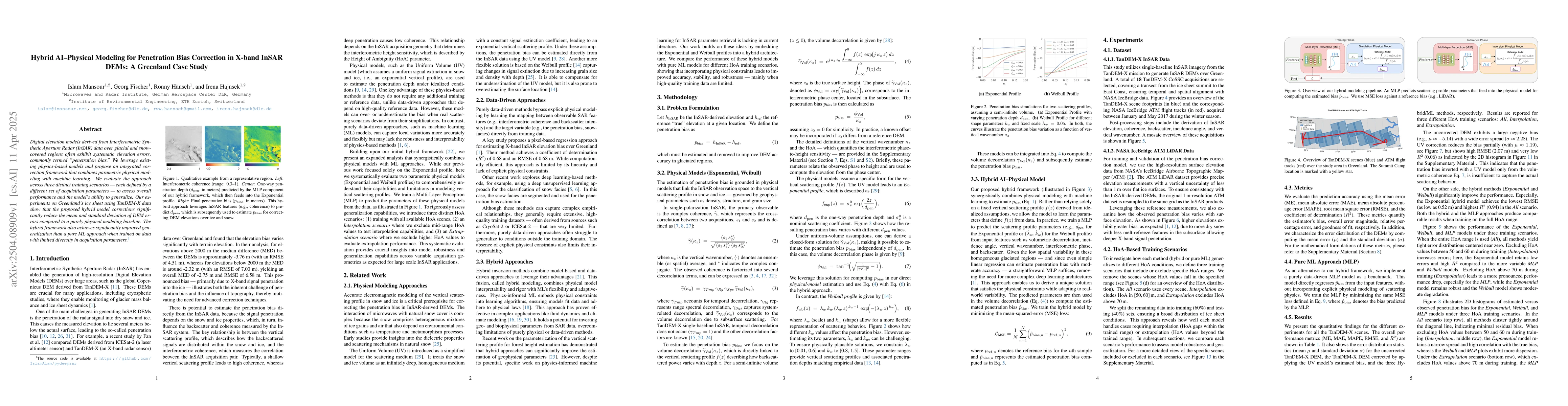 Thumbnail for Hybrid AI-Physical Modeling for Penetration Bias Correction in X-band
  InSAR DEMs: A Greenland Case Study