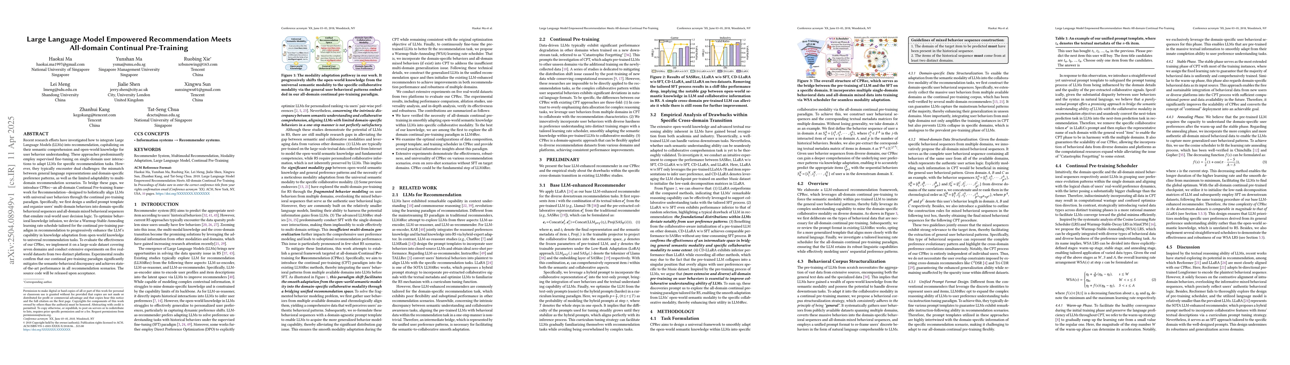 Thumbnail for Large Language Model Empowered Recommendation Meets All-domain Continual
  Pre-Training