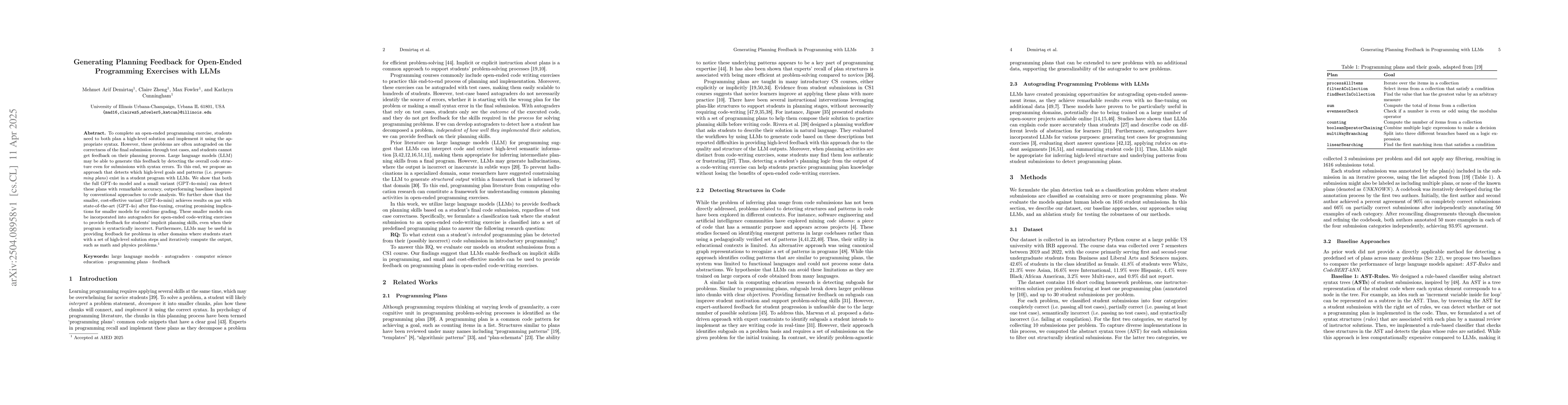 Thumbnail for Generating Planning Feedback for Open-Ended Programming Exercises with
  LLMs