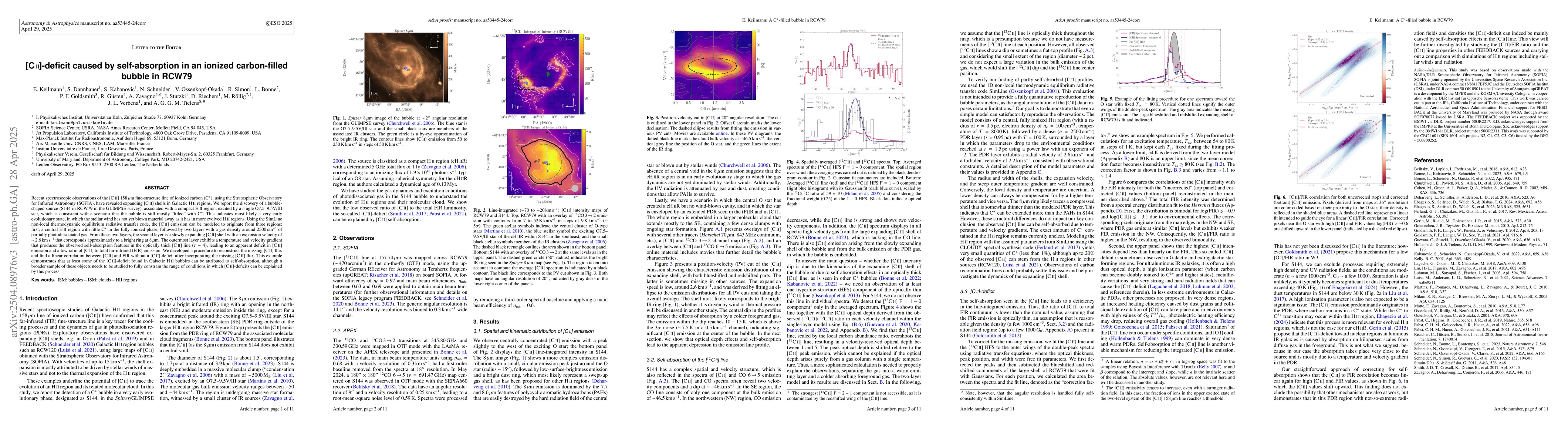 Thumbnail for [C II]-deficit caused by self-absorption in an ionized carbon-filled
  bubble in RCW79