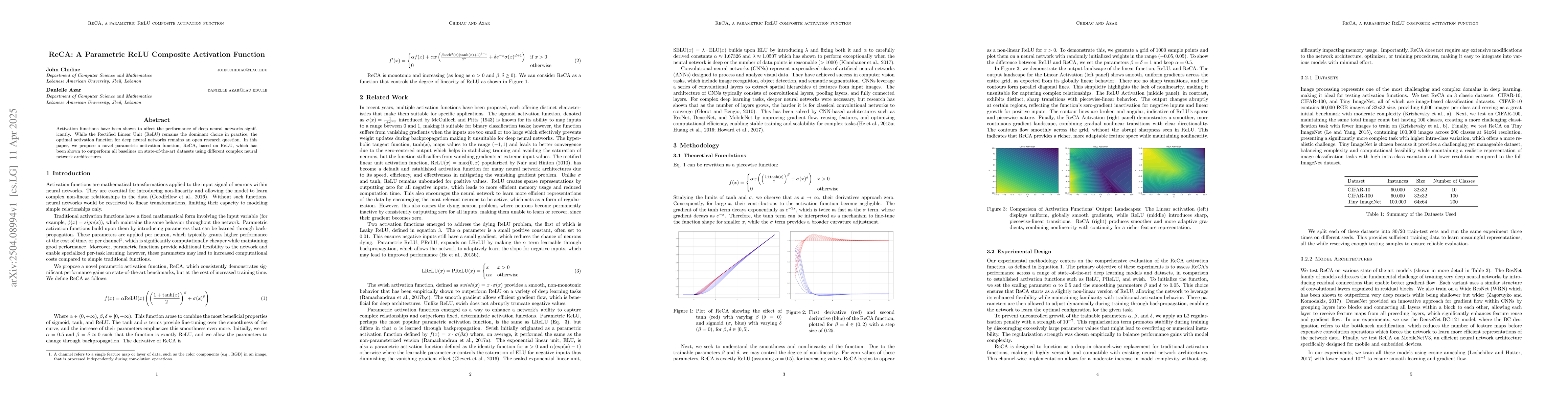 Thumbnail for ReCA: A Parametric ReLU Composite Activation Function