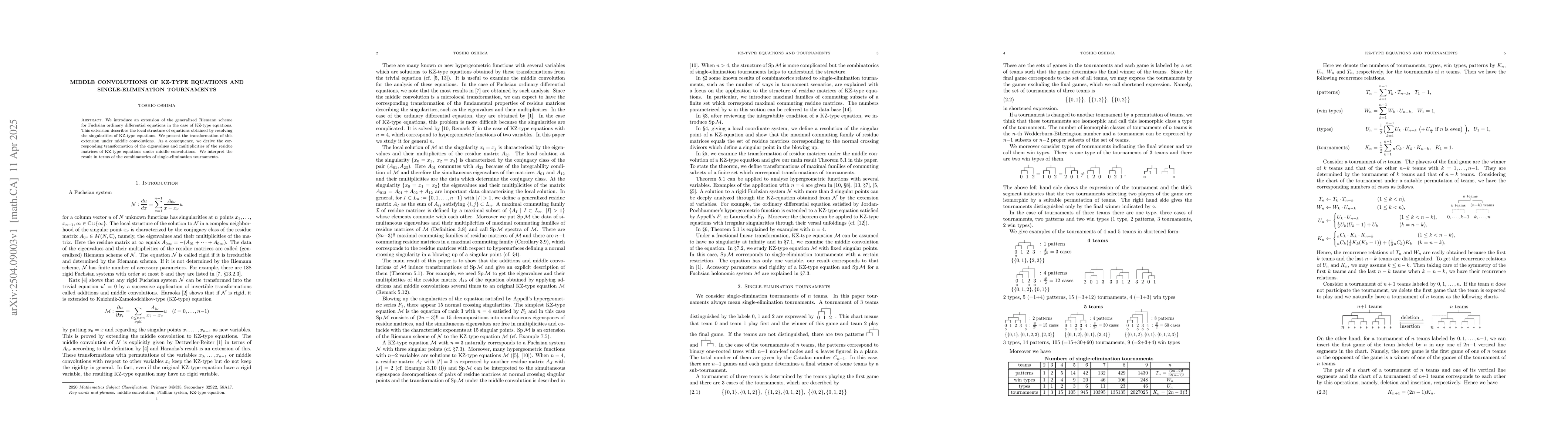 Thumbnail for Middle convolutions of KZ-type equations and single-elimination
  tournaments