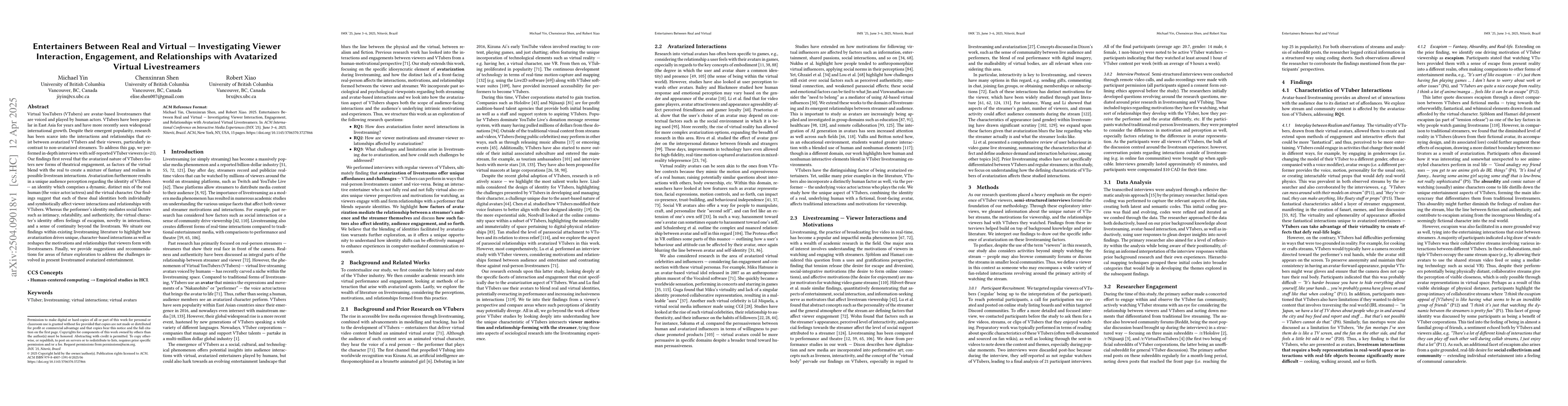 Thumbnail for Entertainers Between Real and Virtual -- Investigating Viewer
  Interaction, Engagement, and Relationships with Avatarized Virtual
  Livestreamers