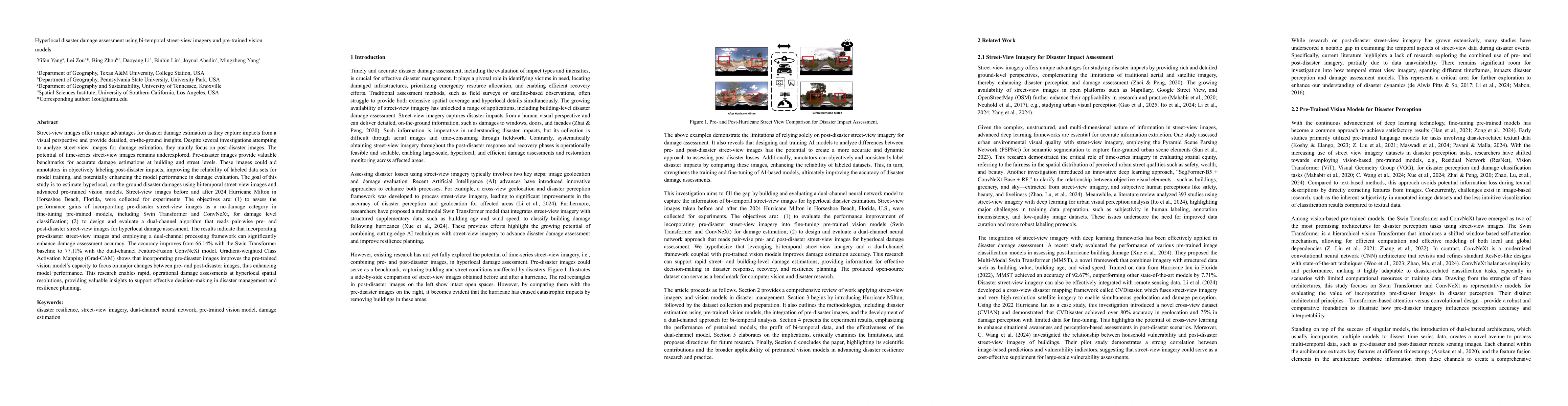Thumbnail for Hyperlocal disaster damage assessment using bi-temporal street-view
  imagery and pre-trained vision models