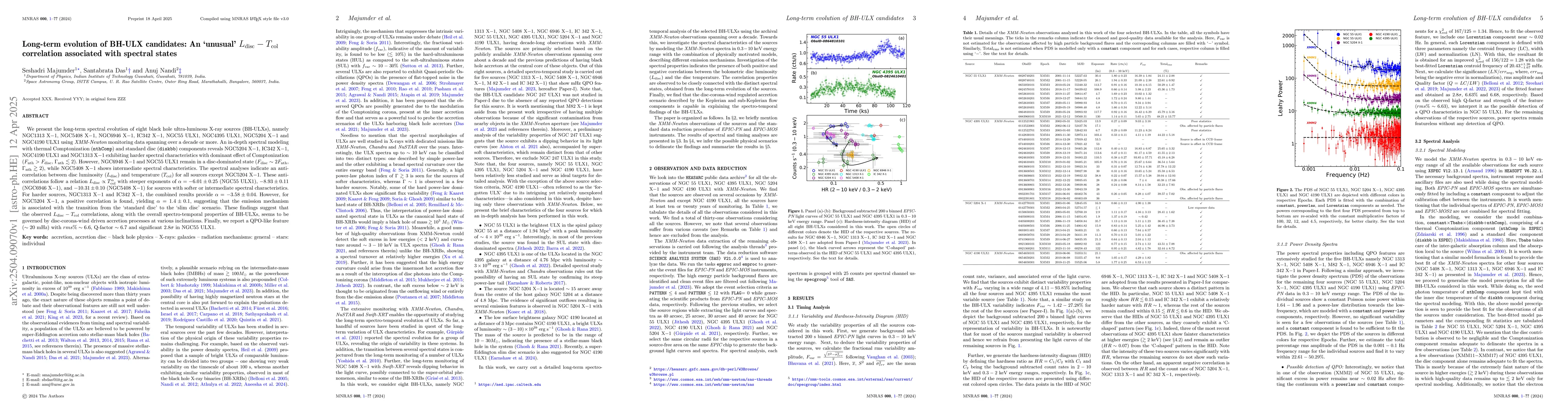 Thumbnail for Long-term evolution of BH-ULX candidates: An `unusual' $L_{\rm
  disc}$-$T_{\rm col}$ correlation associated with spectral states