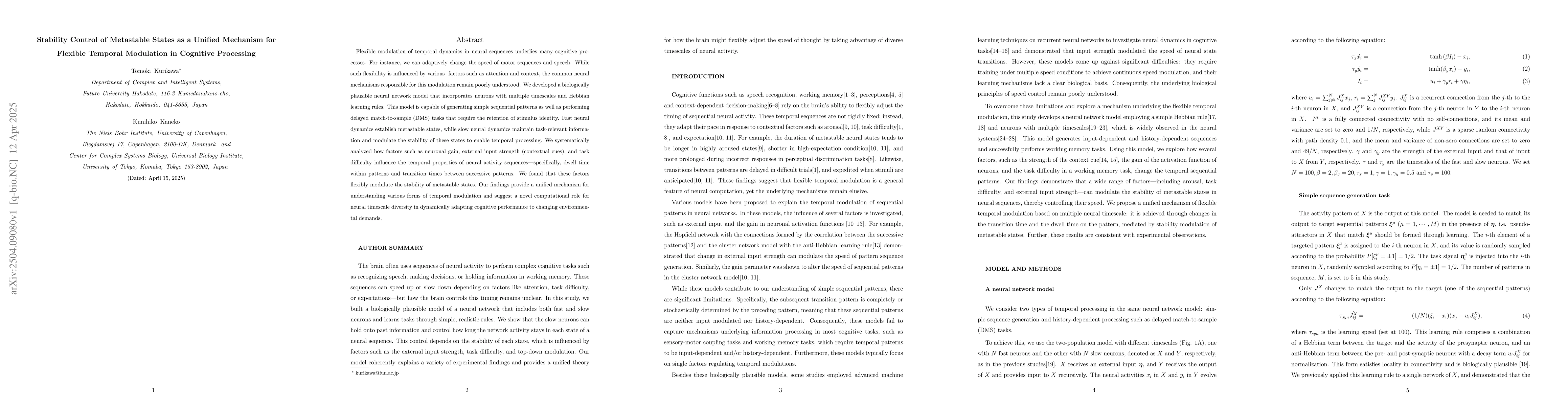 Thumbnail for Stability Control of Metastable States as a Unified Mechanism for
  Flexible Temporal Modulation in Cognitive Processing