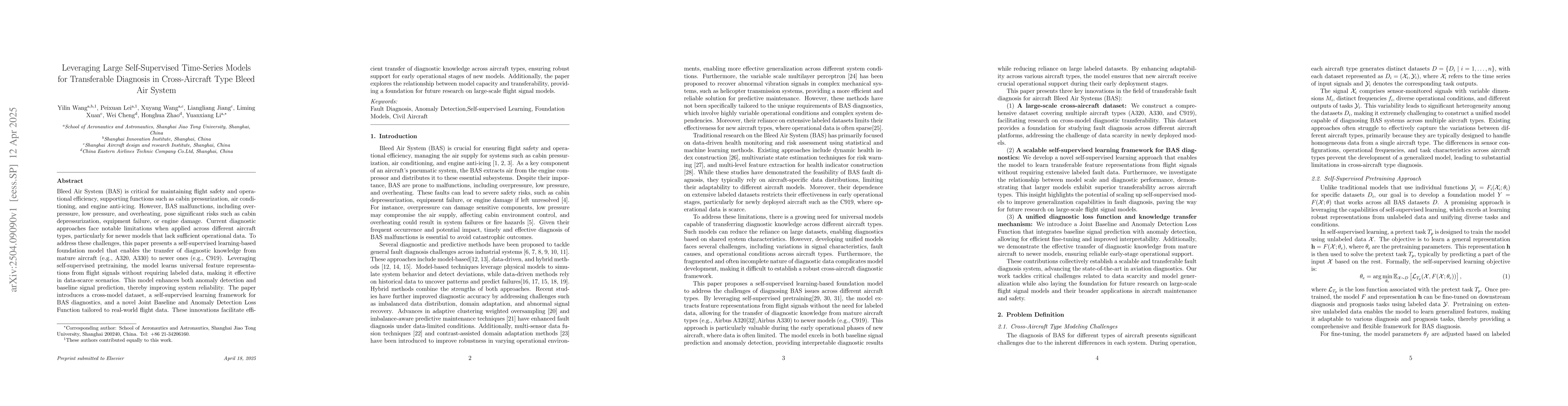 Thumbnail for Leveraging Large Self-Supervised Time-Series Models for Transferable
  Diagnosis in Cross-Aircraft Type Bleed Air System