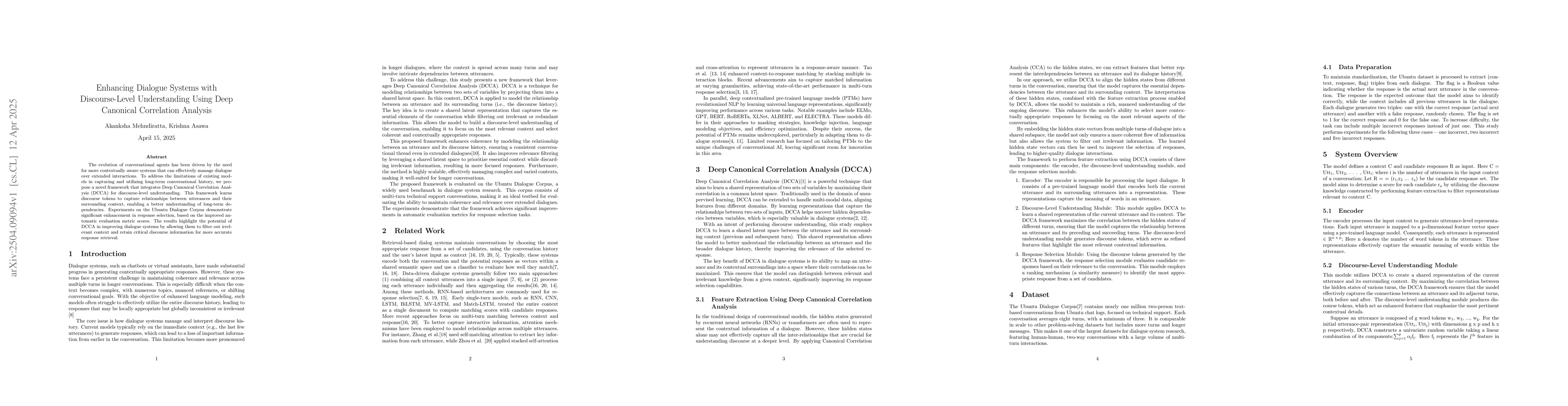 Thumbnail for Enhancing Dialogue Systems with Discourse-Level Understanding Using Deep
  Canonical Correlation Analysis