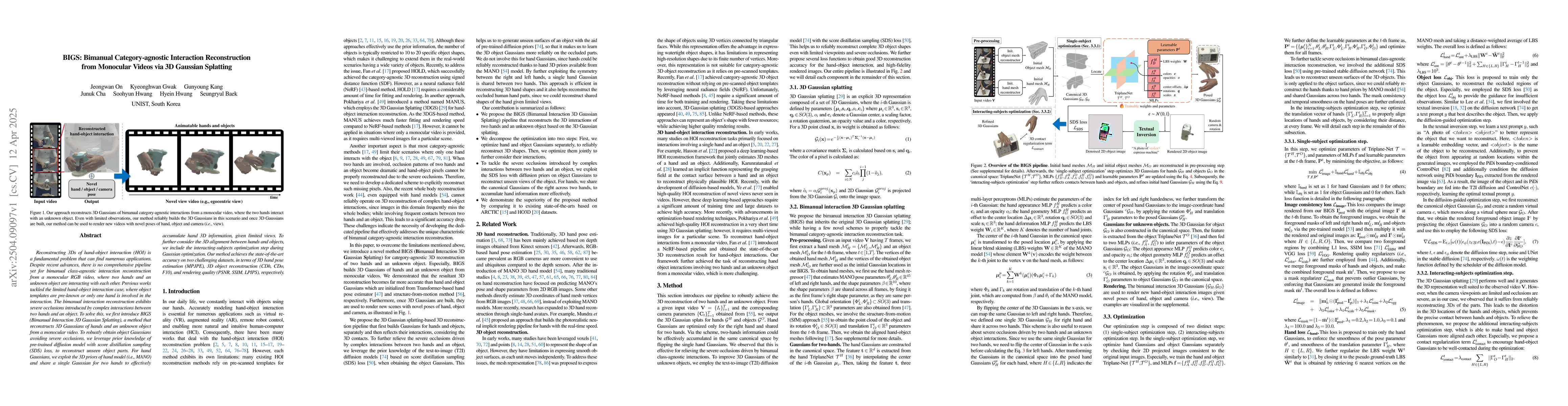 Thumbnail for BIGS: Bimanual Category-agnostic Interaction Reconstruction from
  Monocular Videos via 3D Gaussian Splatting
