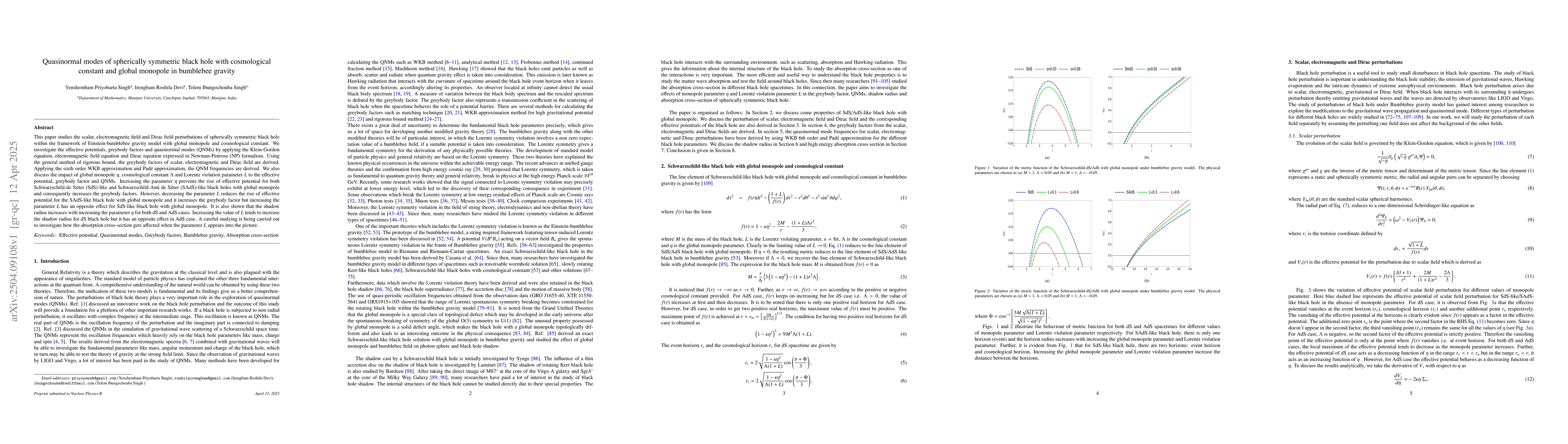 Thumbnail for Quasinormal modes of spherically symmetric black hole with cosmological
  constant and global monopole in bumblebee gravity