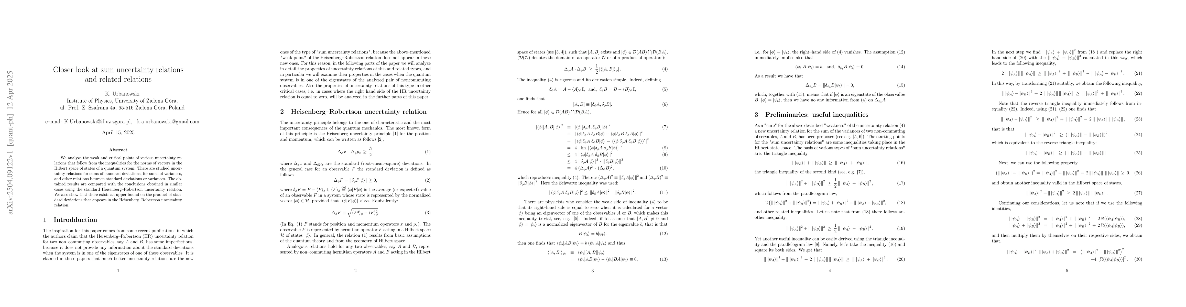 Thumbnail for Closer look at sum uncertainty relations and related relations