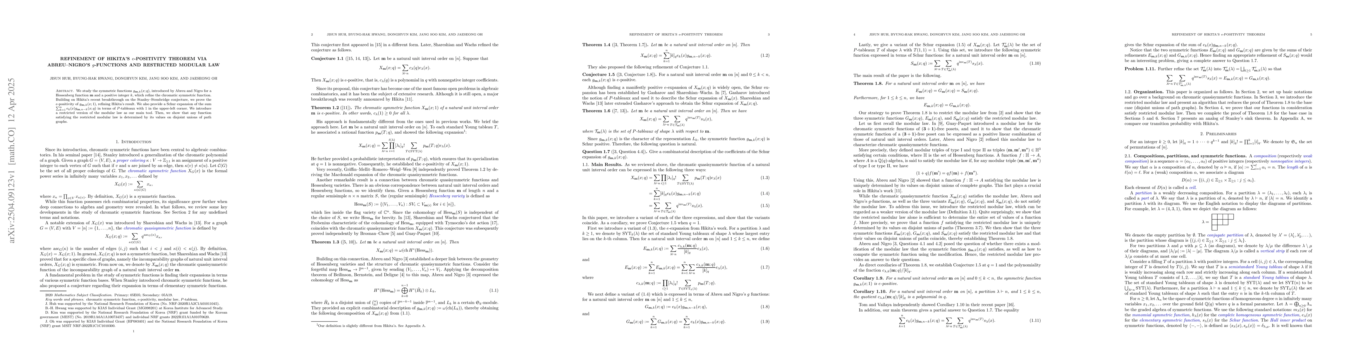 Thumbnail for Refinement of Hikita's $e$-positivity theorem via Abreu--Nigro's
  $g$-functions and restricted modular law