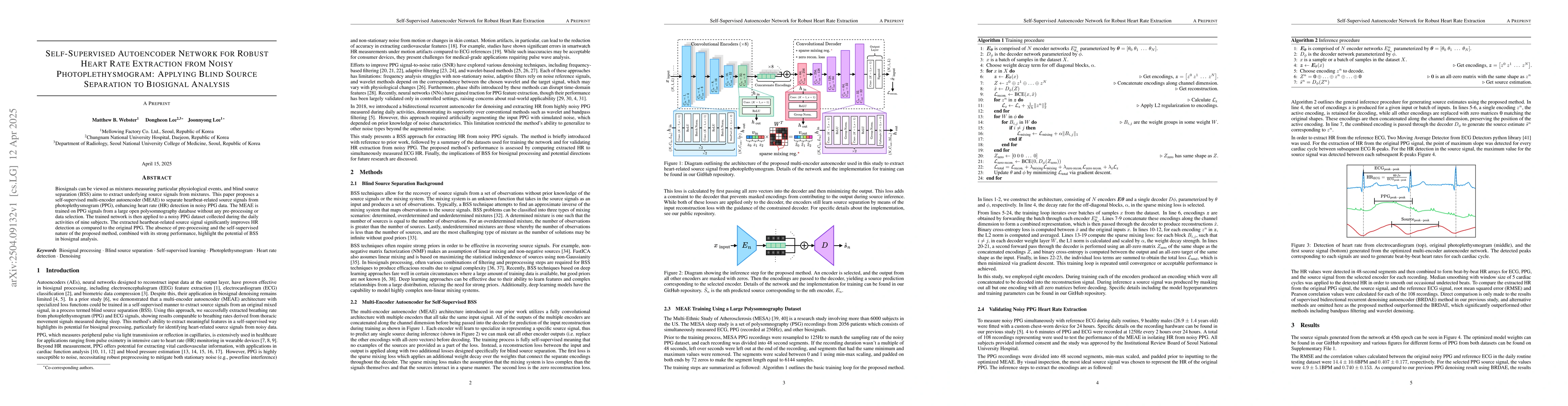 Thumbnail for Self-Supervised Autoencoder Network for Robust Heart Rate Extraction
  from Noisy Photoplethysmogram: Applying Blind Source Separation to Biosignal
  Analysis