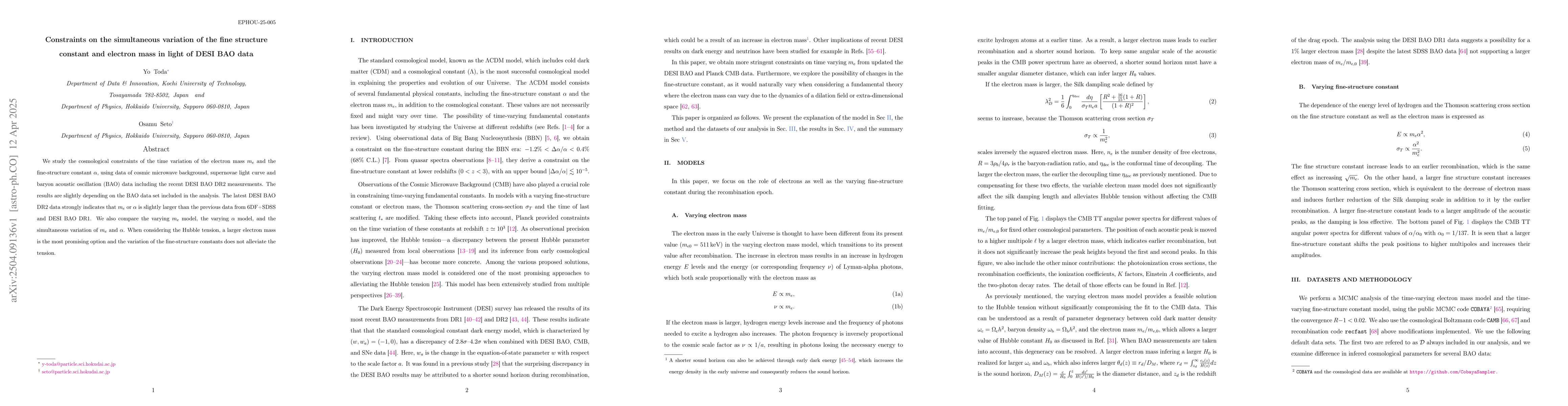 Thumbnail for Constraints on the simultaneous variation of the fine structure constant
  and electron mass in light of DESI BAO data