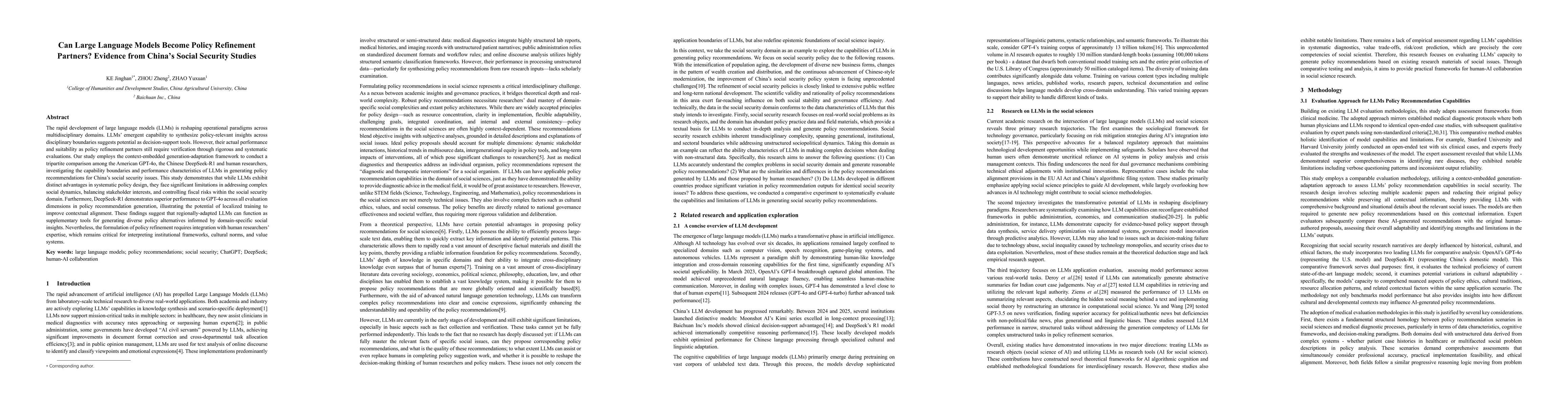 Thumbnail for Can Large Language Models Become Policy Refinement Partners? Evidence
  from China's Social Security Studies