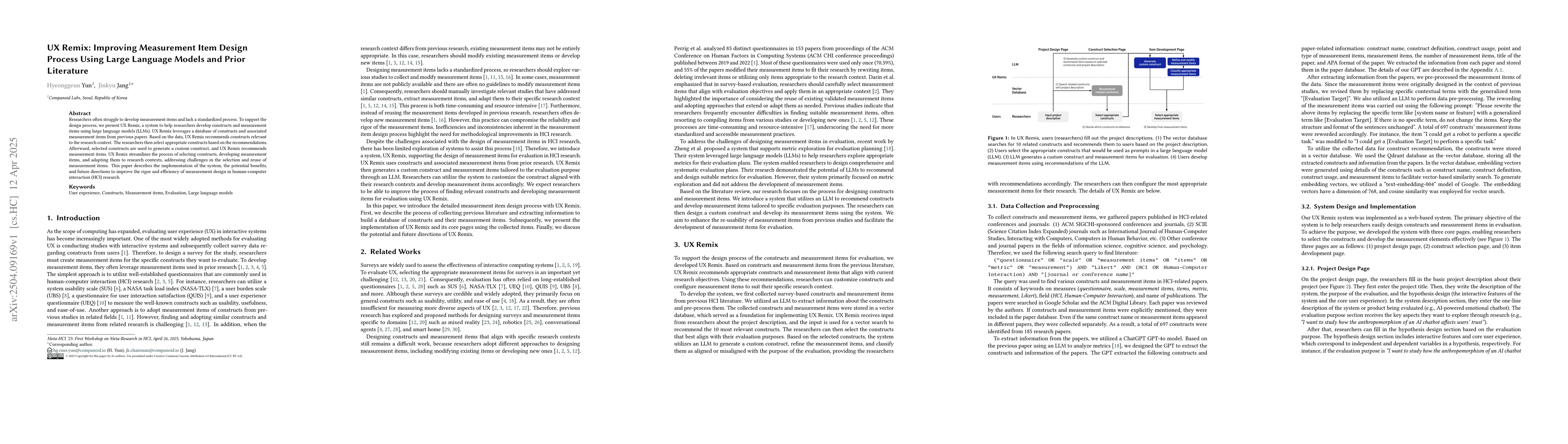 Thumbnail for UX Remix: Improving Measurement Item Design Process Using Large Language
  Models and Prior Literature