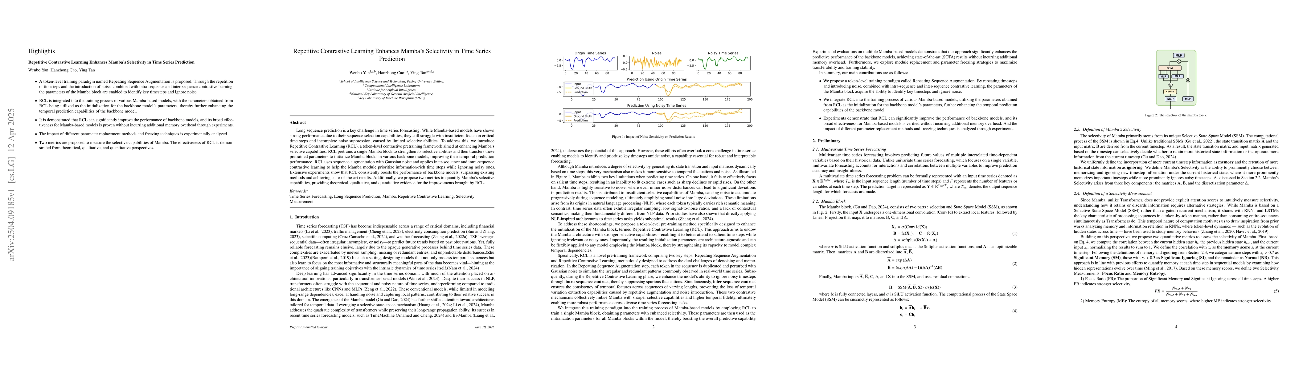 Thumbnail for Repetitive Contrastive Learning Enhances Mamba's Selectivity in Time
  Series Prediction