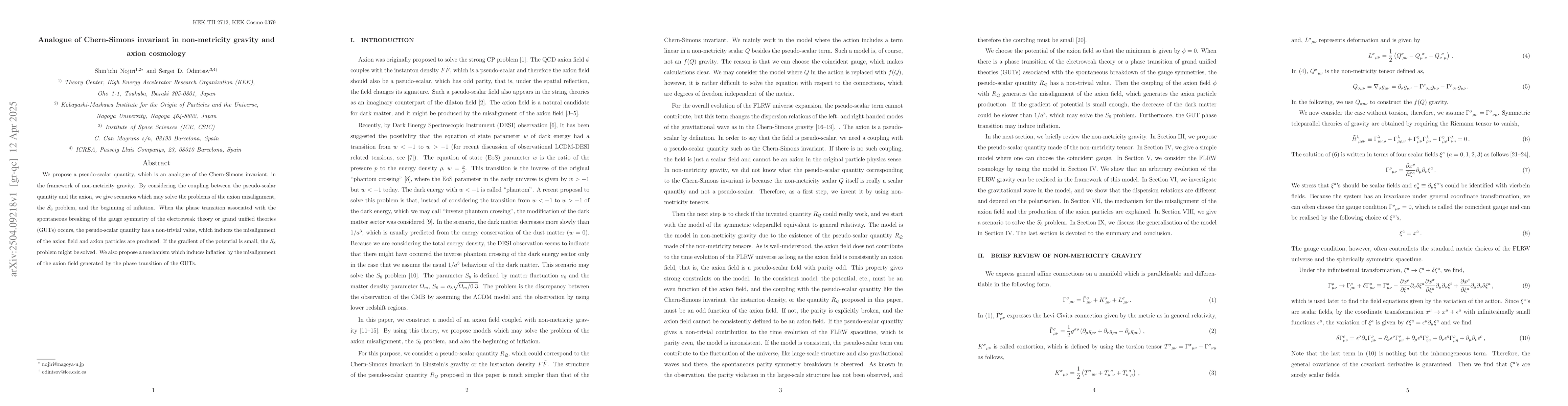 Thumbnail for Analogue of Chern-Simons invariant in non-metricity gravity and axion
  cosmology