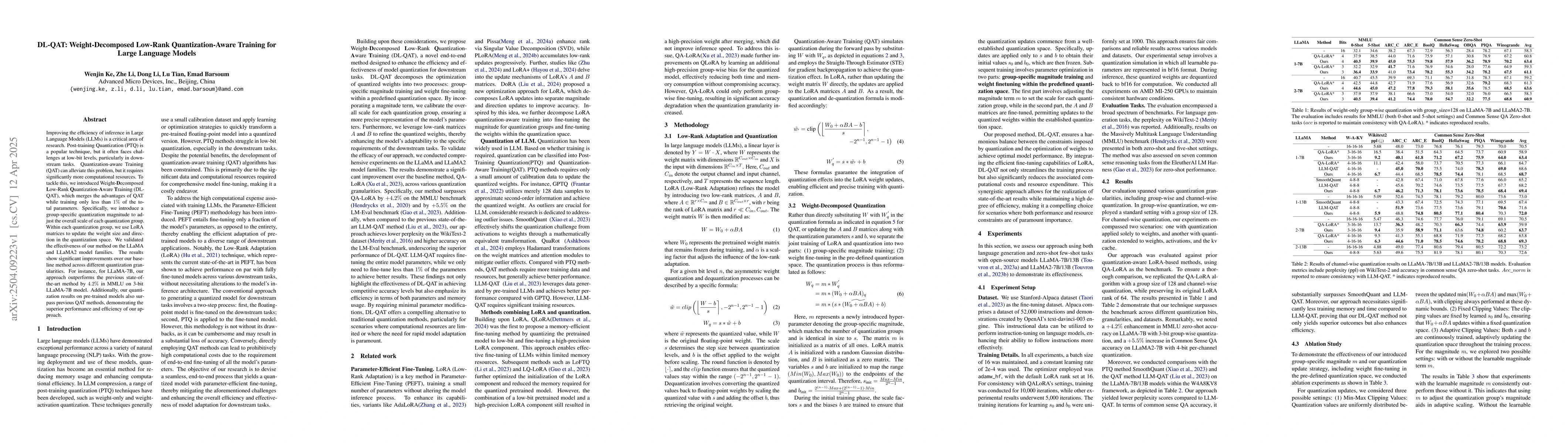 Thumbnail for DL-QAT: Weight-Decomposed Low-Rank Quantization-Aware Training for Large
  Language Models