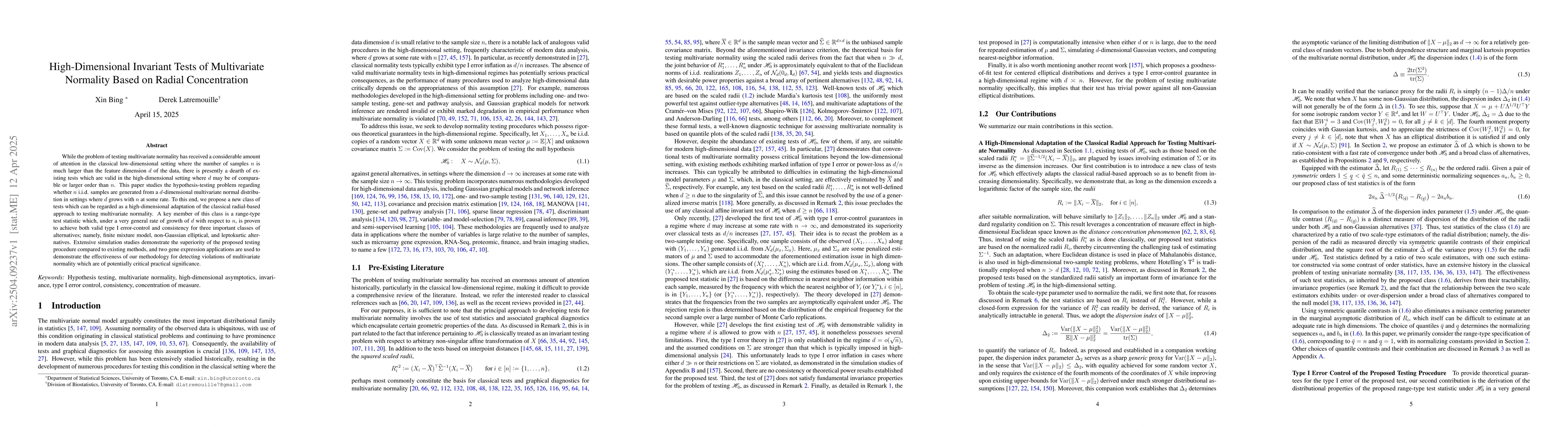 Thumbnail for High-Dimensional Invariant Tests of Multivariate Normality Based on
  Radial Concentration