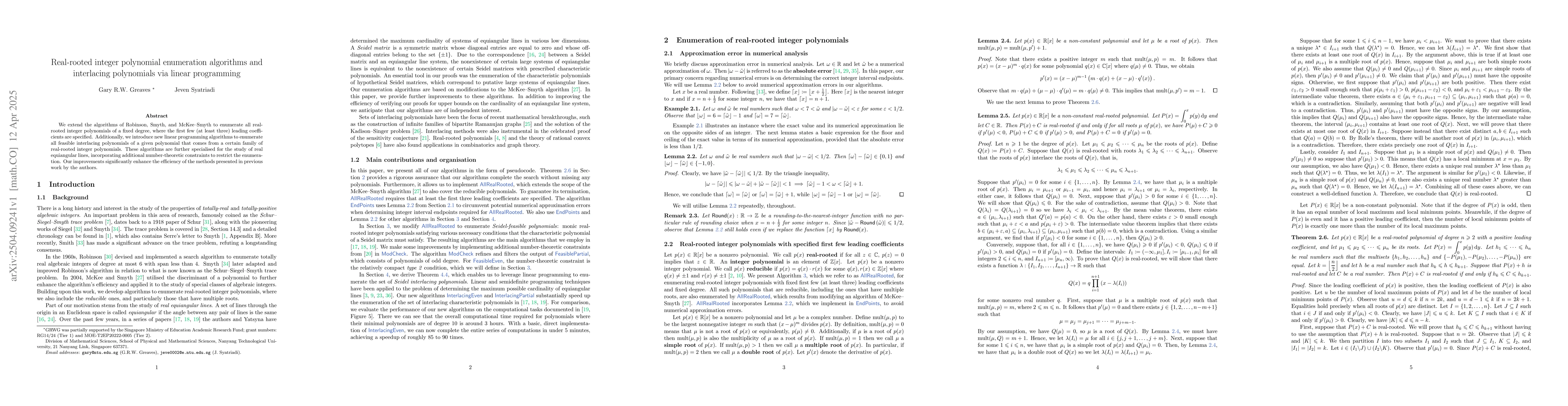 Thumbnail for Real-rooted integer polynomial enumeration algorithms and interlacing
  polynomials via linear programming