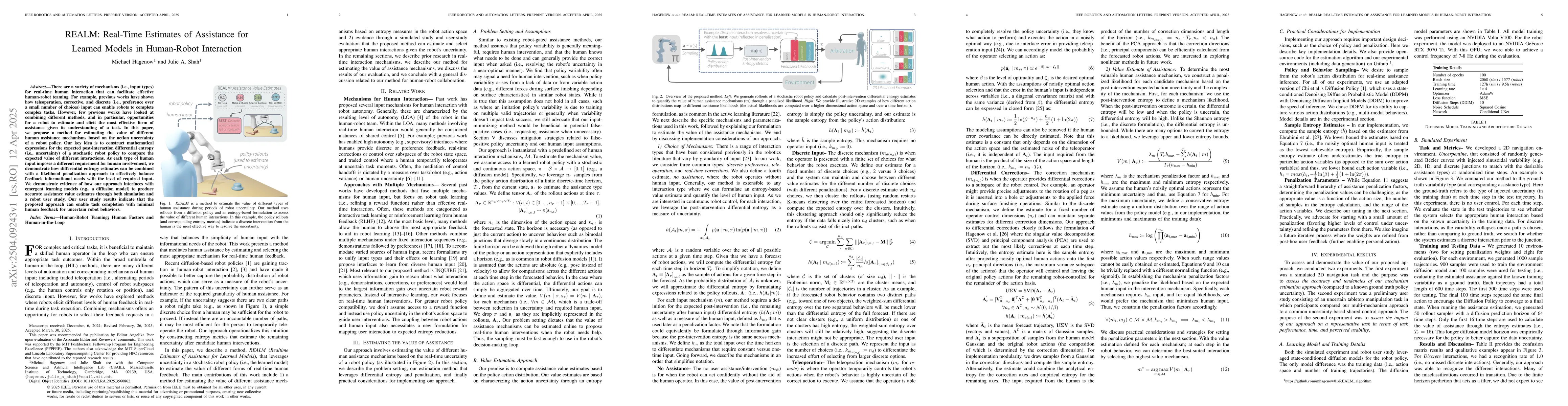 Thumbnail for REALM: Real-Time Estimates of Assistance for Learned Models in
  Human-Robot Interaction