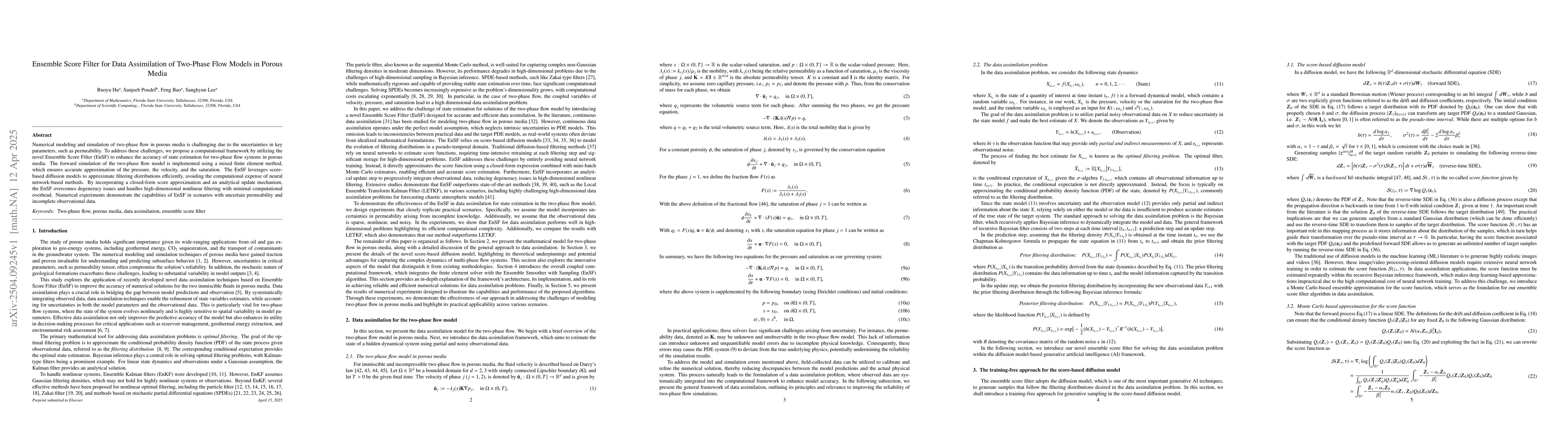 Thumbnail for Ensemble Score Filter for Data Assimilation of Two-Phase Flow Models in
  Porous Media